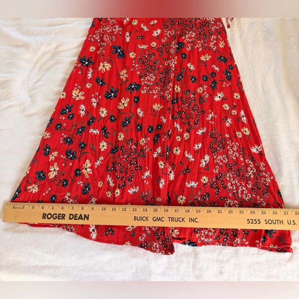 Cottagecore Red Floral Flowy Boho Tomato Midi Wrap Dress Feminine Size 8 H&M - Picture 13 of 15